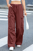 Mineral Red Solid Color Drawstring Waist Wide Leg Cargo Pants