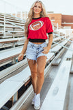 Red Sequin Rugby Color Block Puff Short Sleeve Sweater