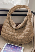 Light French Beige Quilted Zipper Large Shoulder Bag