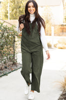 Jungle Green Solid Pocketed Loose Fit Corduroy Overall