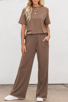 Black Solid Color T Shirt 2pcs Wide Leg Pants Set