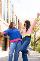 Blue Colorblock Bubble Sleeve Sweatshirt