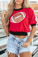 Red Sequin Rugby Color Block Puff Short Sleeve Sweater