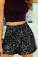 Black Sequin Straight Leg High Waist Casual Shorts