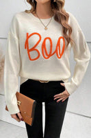 Black Boo Knitted Pattern Ribbed Edge Drop Shoulder Sweater