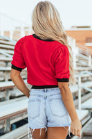 Red Sequin Rugby Color Block Puff Short Sleeve Sweater