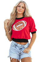 Red Sequin Rugby Color Block Puff Short Sleeve Sweater