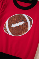 Red Sequin Rugby Color Block Puff Short Sleeve Sweater