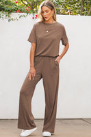 Black Solid Color T Shirt 2pcs Wide Leg Pants Set