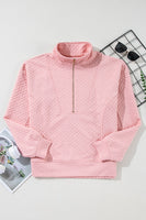 Light Pink Solid Textured Half Zipper Collared Sweatshirt