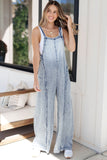 Beau Blue Light Wash Frayed Exposed Seam Wide Leg Denim Overall