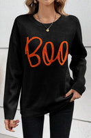 Black Boo Knitted Pattern Ribbed Edge Drop Shoulder Sweater