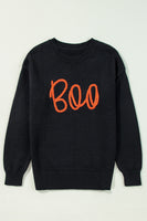 Black Boo Knitted Pattern Ribbed Edge Drop Shoulder Sweater