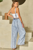 Beau Blue Light Wash Frayed Exposed Seam Wide Leg Denim Overall