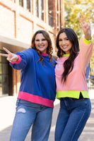 Blue Colorblock Bubble Sleeve Sweatshirt