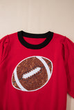 Red Sequin Rugby Color Block Puff Short Sleeve Sweater