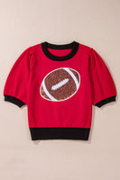 Red Sequin Rugby Color Block Puff Short Sleeve Sweater