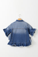 Peacock Blue Raw Edge Ruffled Short Sleeve Denim Jacket