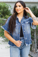 Peacock Blue Raw Edge Ruffled Short Sleeve Denim Jacket