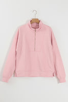 Light Pink Solid Textured Half Zipper Collared Sweatshirt