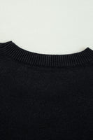 Black Boo Knitted Pattern Ribbed Edge Drop Shoulder Sweater