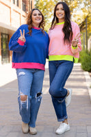 Blue Colorblock Bubble Sleeve Sweatshirt