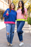 Blue Colorblock Bubble Sleeve Sweatshirt