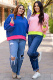 Blue Colorblock Bubble Sleeve Sweatshirt