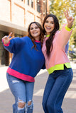 Blue Colorblock Bubble Sleeve Sweatshirt