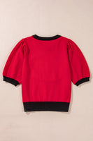 Red Sequin Rugby Color Block Puff Short Sleeve Sweater